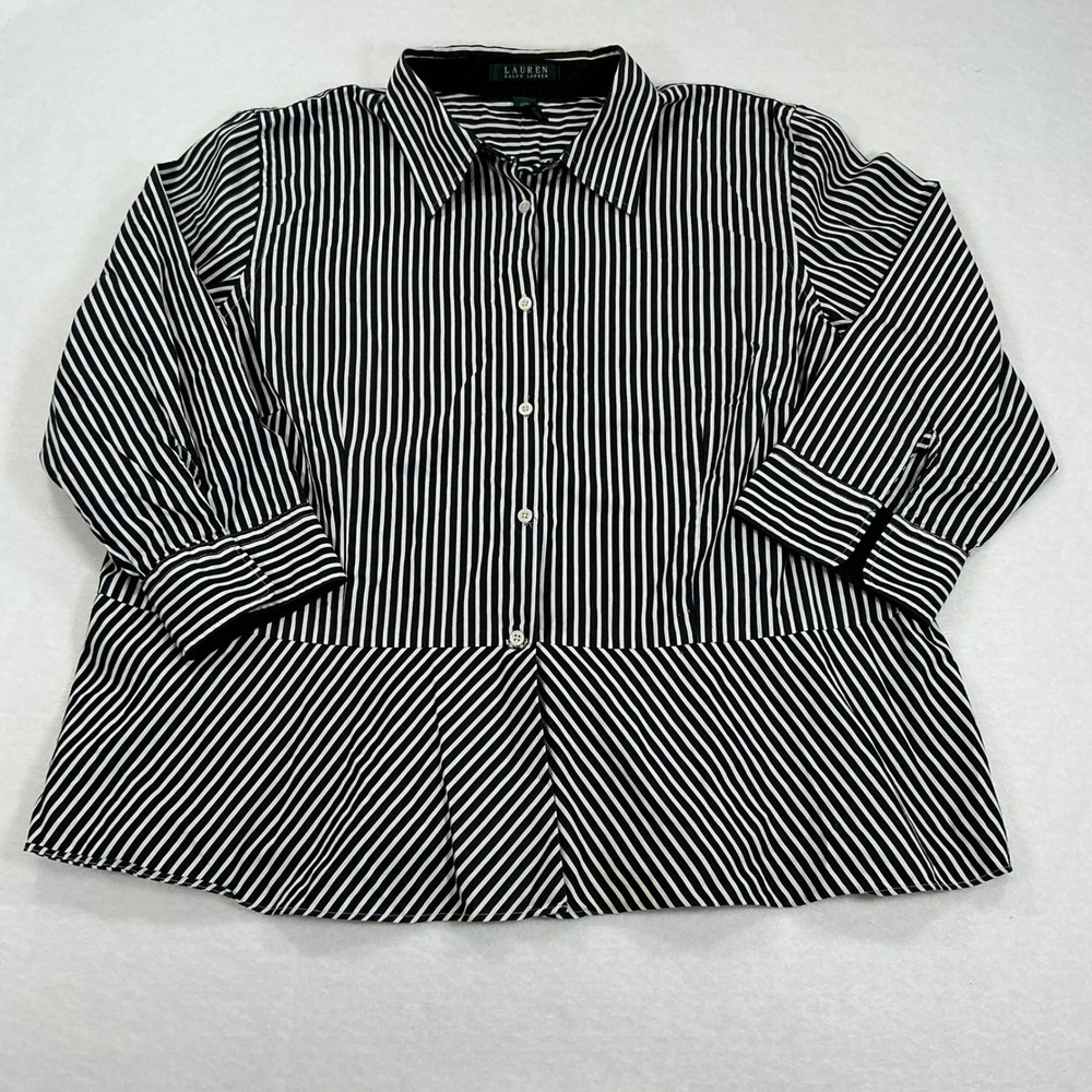 Lauren Ralph Lauren Striped Peplum Button Down Shirt Black White 16W Cotton